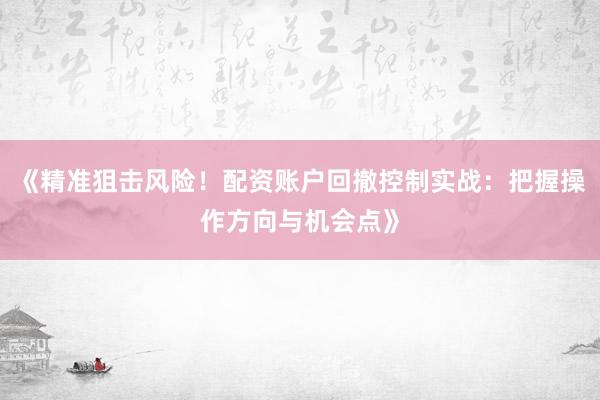 《精准狙击风险！配资账户回撤控制实战：把握操作方向与机会点》